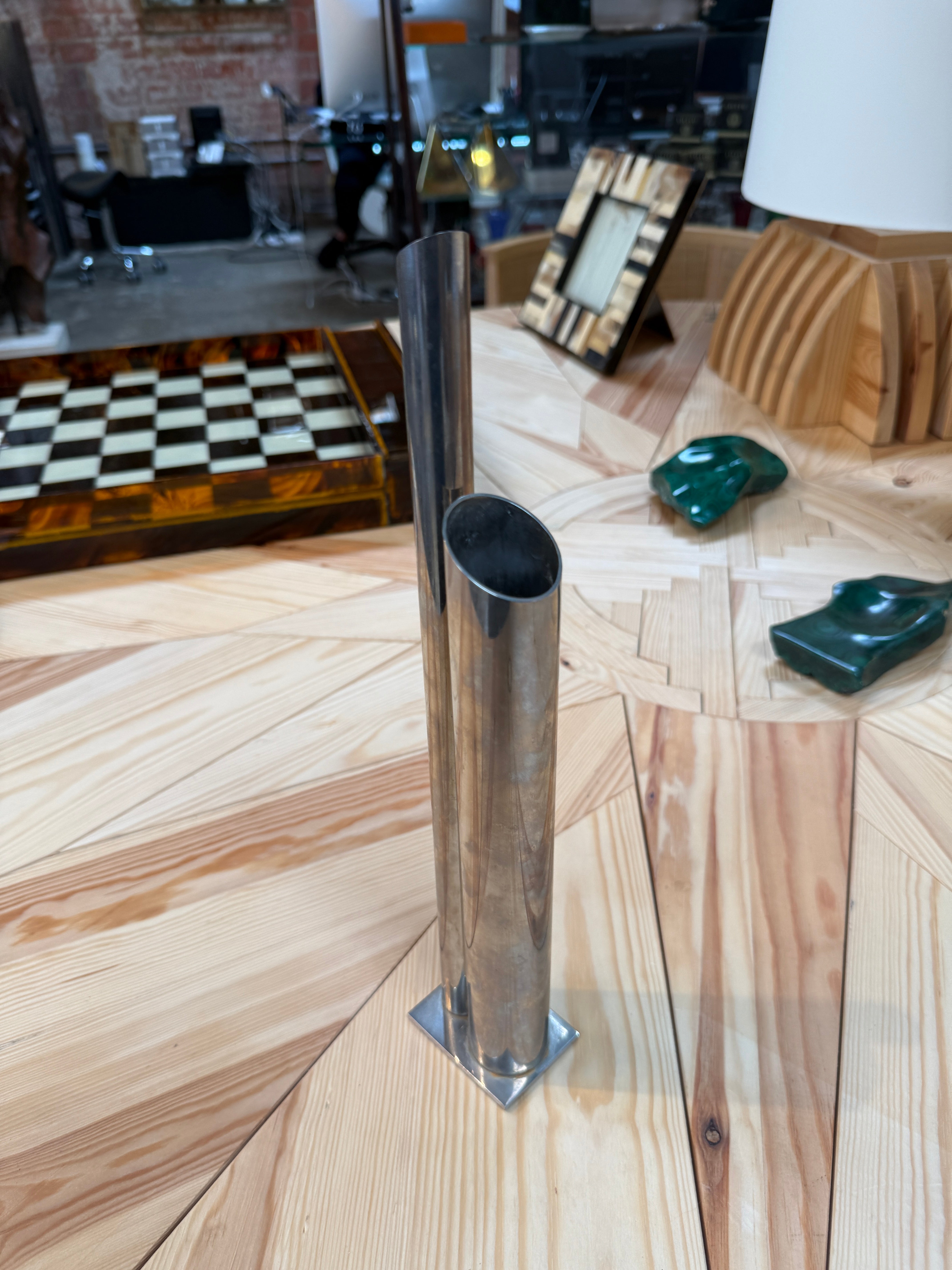 Modernist Sculptural Double-Tube Metal Vase