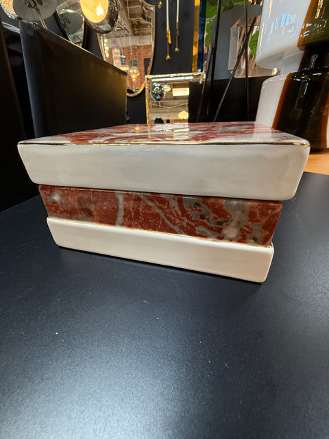 Tommaso Barbi Ceramic Lidded Box with Red Marbleized Glaze and Gold Detailing