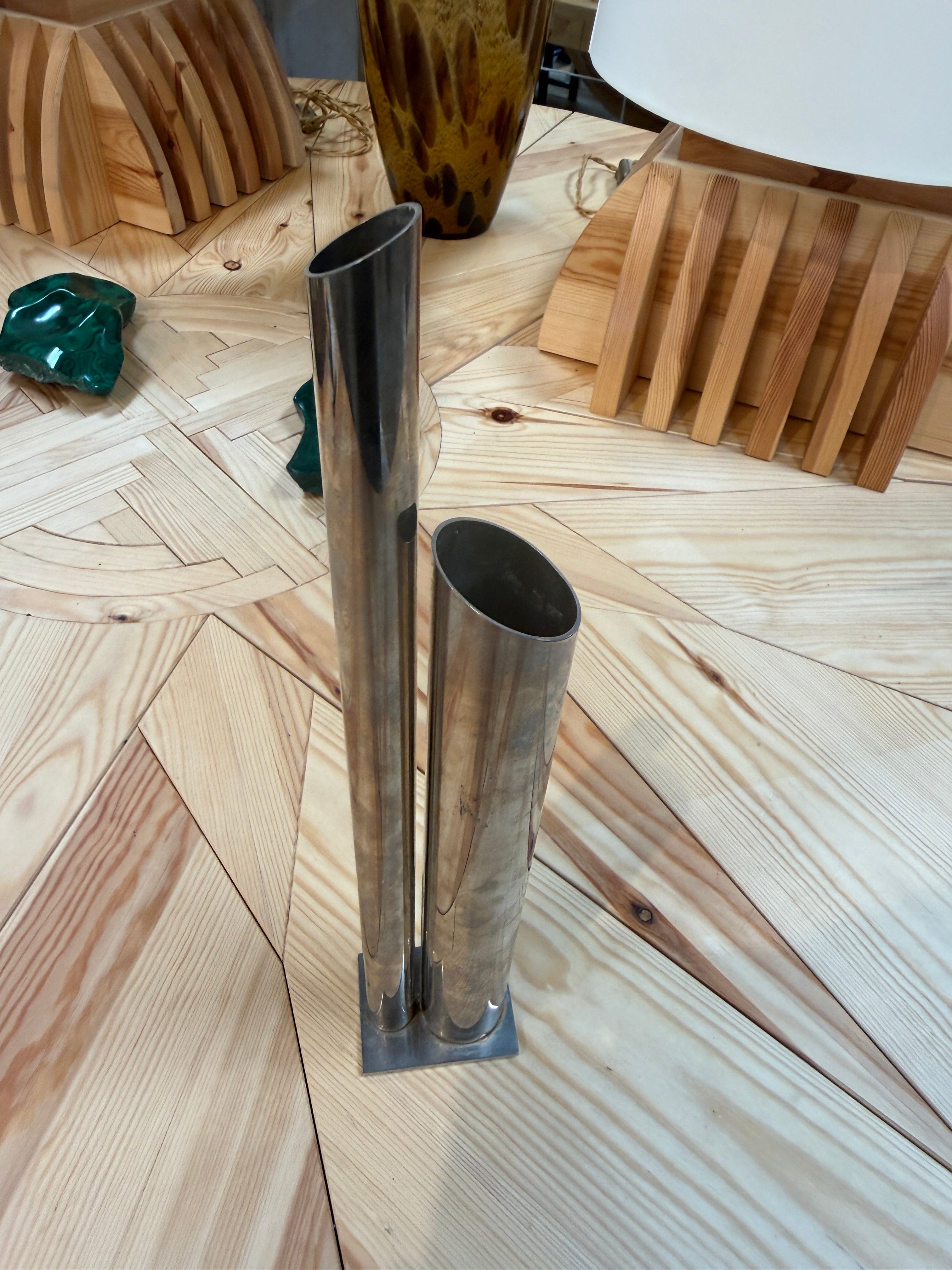 Modernist Sculptural Double-Tube Metal Vase