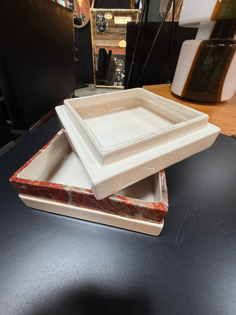 Tommaso Barbi Ceramic Lidded Box with Red Marbleized Glaze and Gold Detailing