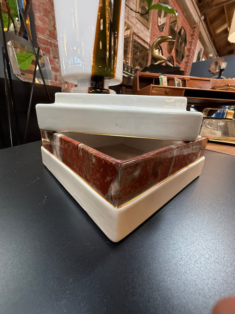 Tommaso Barbi Ceramic Lidded Box with Red Marbleized Glaze and Gold Detailing