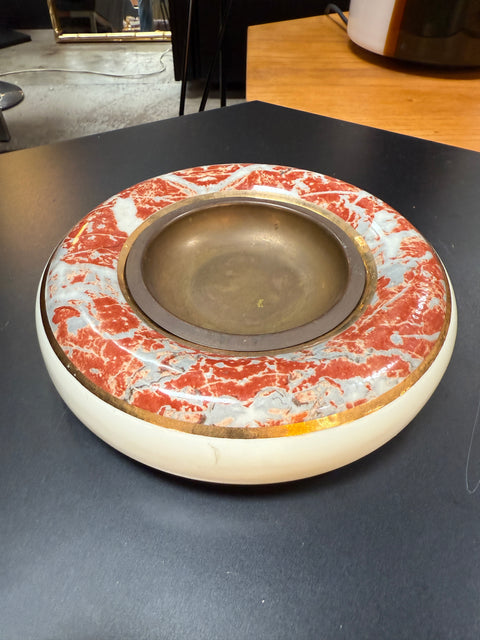 Tommaso Barbi Ceramic and Brass Centerpiece Bowl with Red Marbleized Glaze