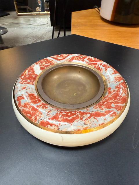 Tommaso Barbi Ceramic and Brass Centerpiece Bowl with Red Marbleized Glaze