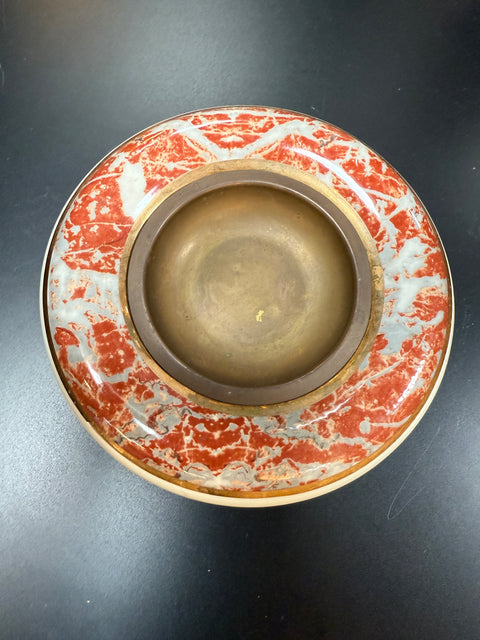 Tommaso Barbi Ceramic and Brass Centerpiece Bowl with Red Marbleized Glaze