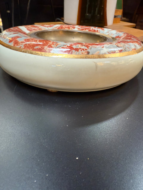 Tommaso Barbi Ceramic and Brass Centerpiece Bowl with Red Marbleized Glaze