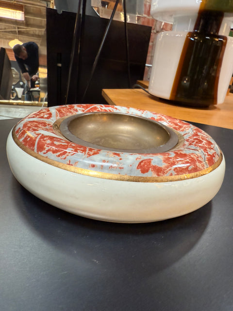 Tommaso Barbi Ceramic and Brass Centerpiece Bowl with Red Marbleized Glaze