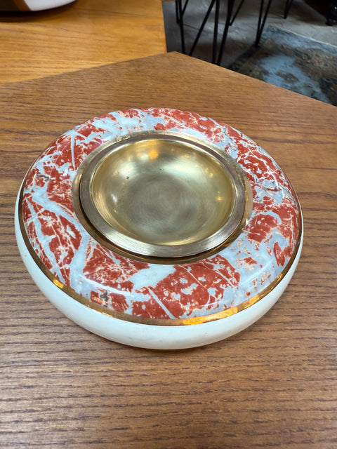 Tommaso Barbi Ceramic and Brass Centerpiece Bowl with Red Marbleized Glaze