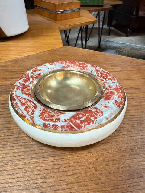Tommaso Barbi Ceramic and Brass Centerpiece Bowl with Red Marbleized Glaze