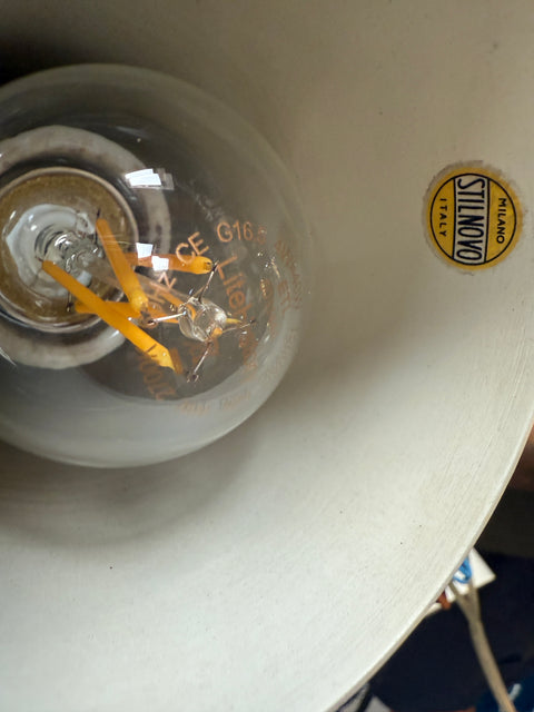 Stilnovo Chandelier in Brass and Cream Enamel. Italy, 1950s