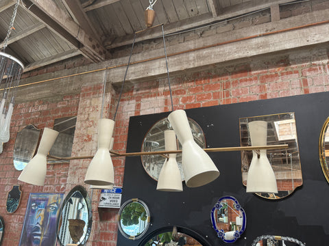 Stilnovo Chandelier in Brass and Cream Enamel. Italy, 1950s