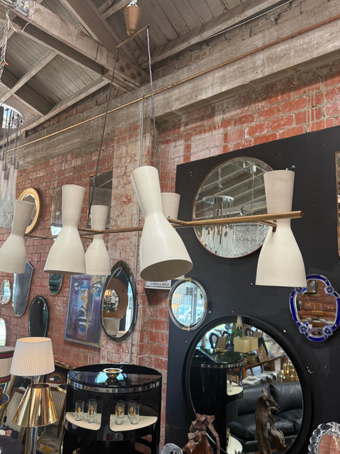 Stilnovo Chandelier in Brass and Cream Enamel. Italy, 1950s