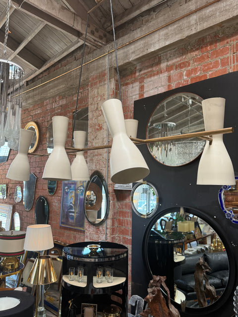 Stilnovo Chandelier in Brass and Cream Enamel. Italy, 1950s