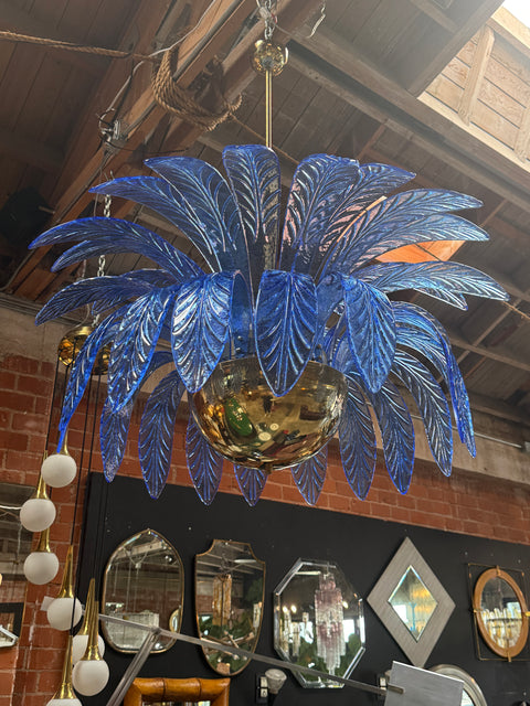 Italian Murano Blue Leaf Palm Chandelier with Brass Globe Base, 1970s