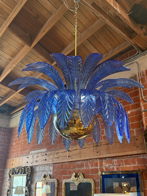 Italian Murano Blue Leaf Palm Chandelier with Brass Globe Base, 1970s