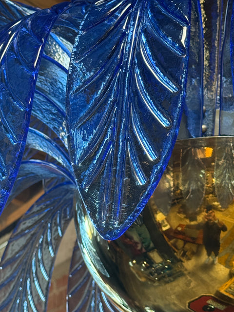 Italian Murano Blue Leaf Palm Chandelier with Brass Globe Base, 1970s