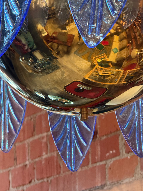 Italian Murano Blue Leaf Palm Chandelier with Brass Globe Base, 1970s