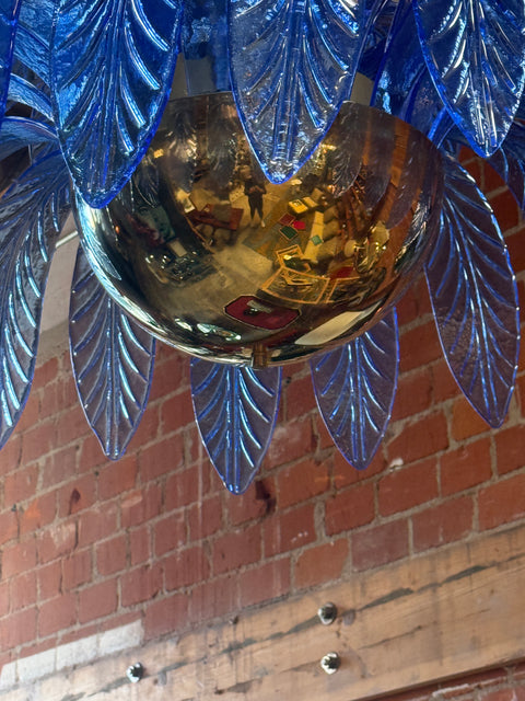 Italian Murano Blue Leaf Palm Chandelier with Brass Globe Base, 1970s