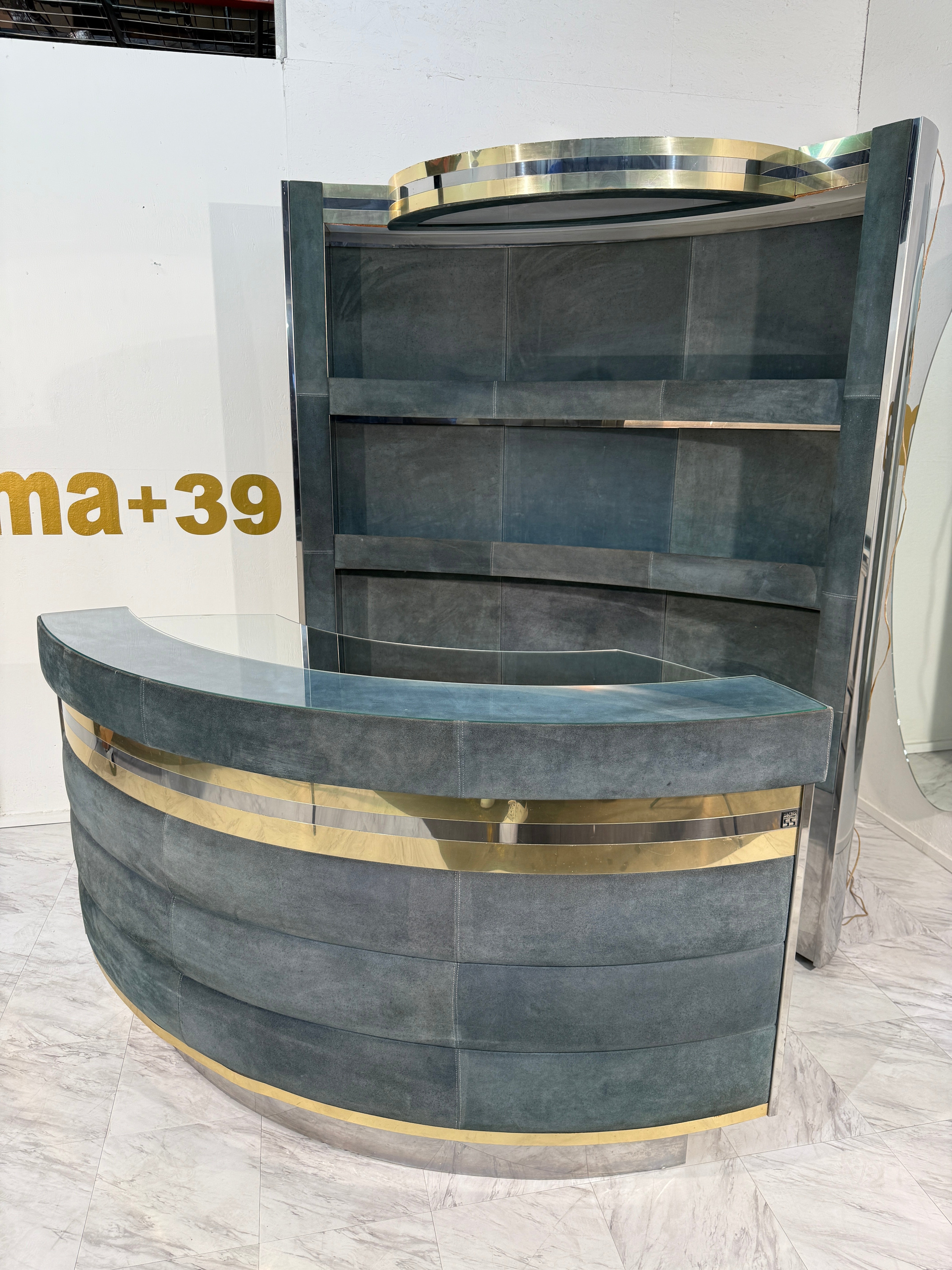 Mid-Century Modern Willy Rizzo Attributed Bar Cabinet in Blue Suede, Brass & Chrome