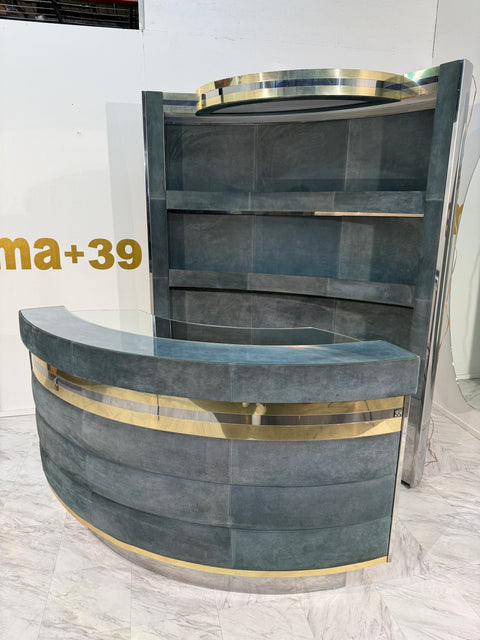 Mid-Century Modern Willy Rizzo Attributed Bar Cabinet in Blue Suede, Brass & Chrome