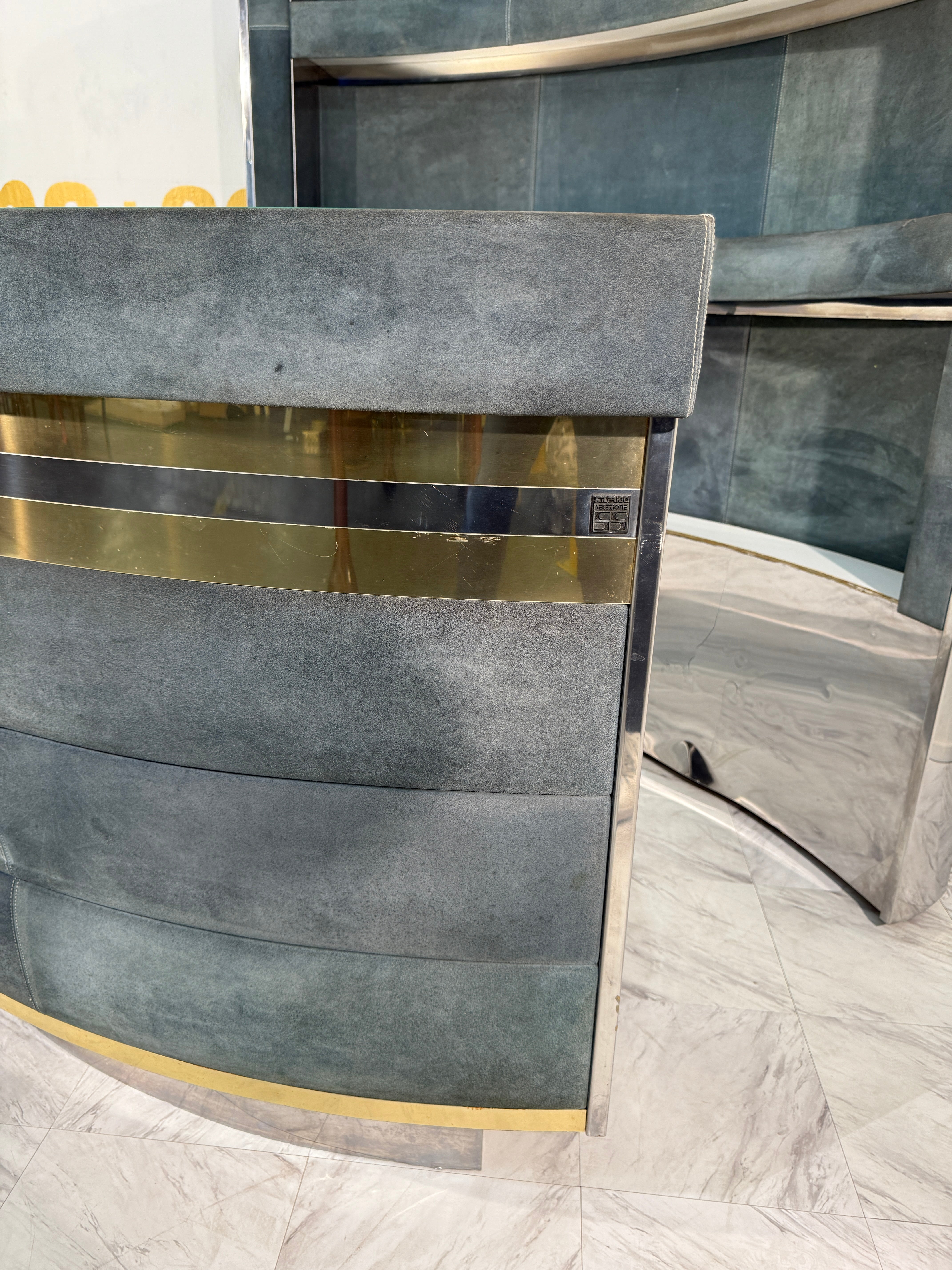 Mid-Century Modern Willy Rizzo Attributed Bar Cabinet in Blue Suede, Brass & Chrome