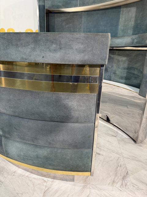 Mid-Century Modern Willy Rizzo Attributed Bar Cabinet in Blue Suede, Brass & Chrome