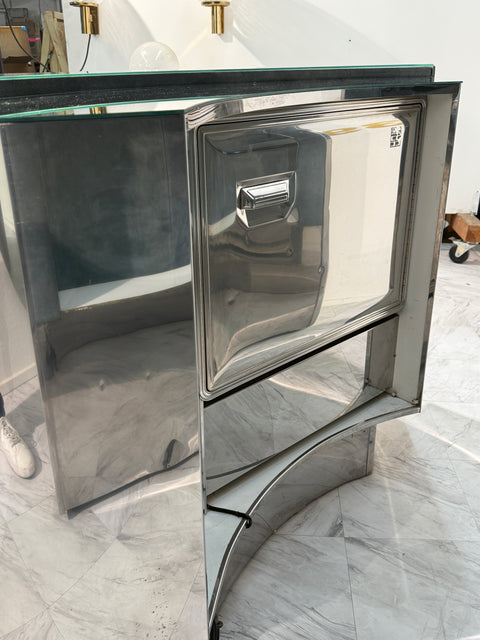 Mid-Century Modern Willy Rizzo Attributed Bar Cabinet in Blue Suede, Brass & Chrome