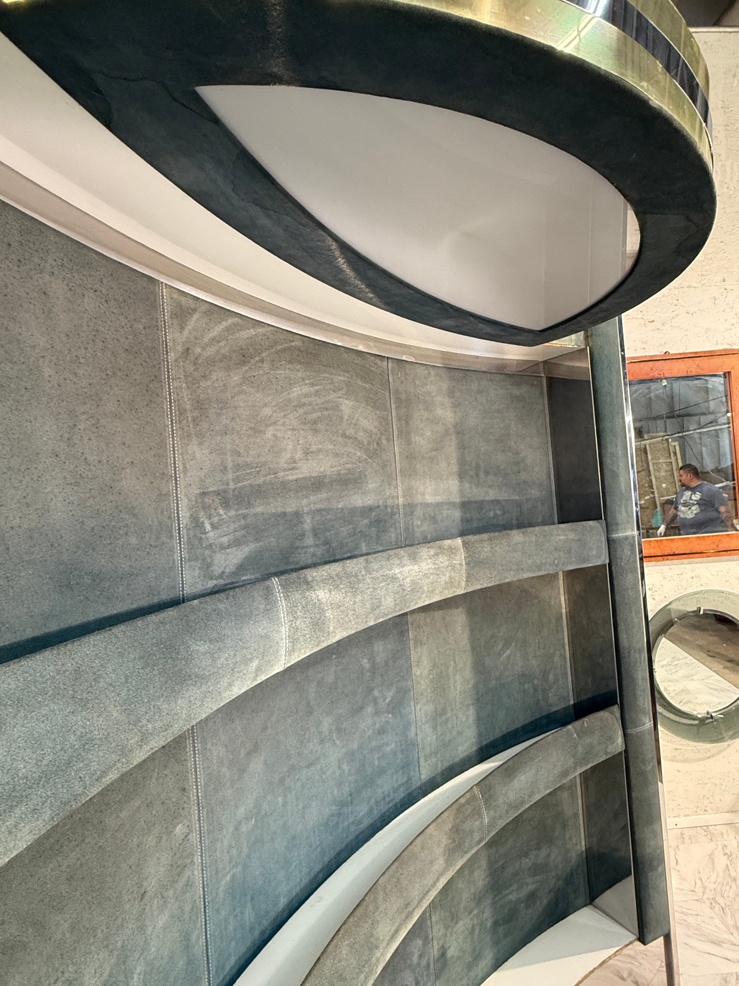 Mid-Century Modern Willy Rizzo Attributed Bar Cabinet in Blue Suede, Brass & Chrome