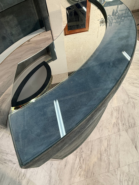 Mid-Century Modern Willy Rizzo Attributed Bar Cabinet in Blue Suede, Brass & Chrome