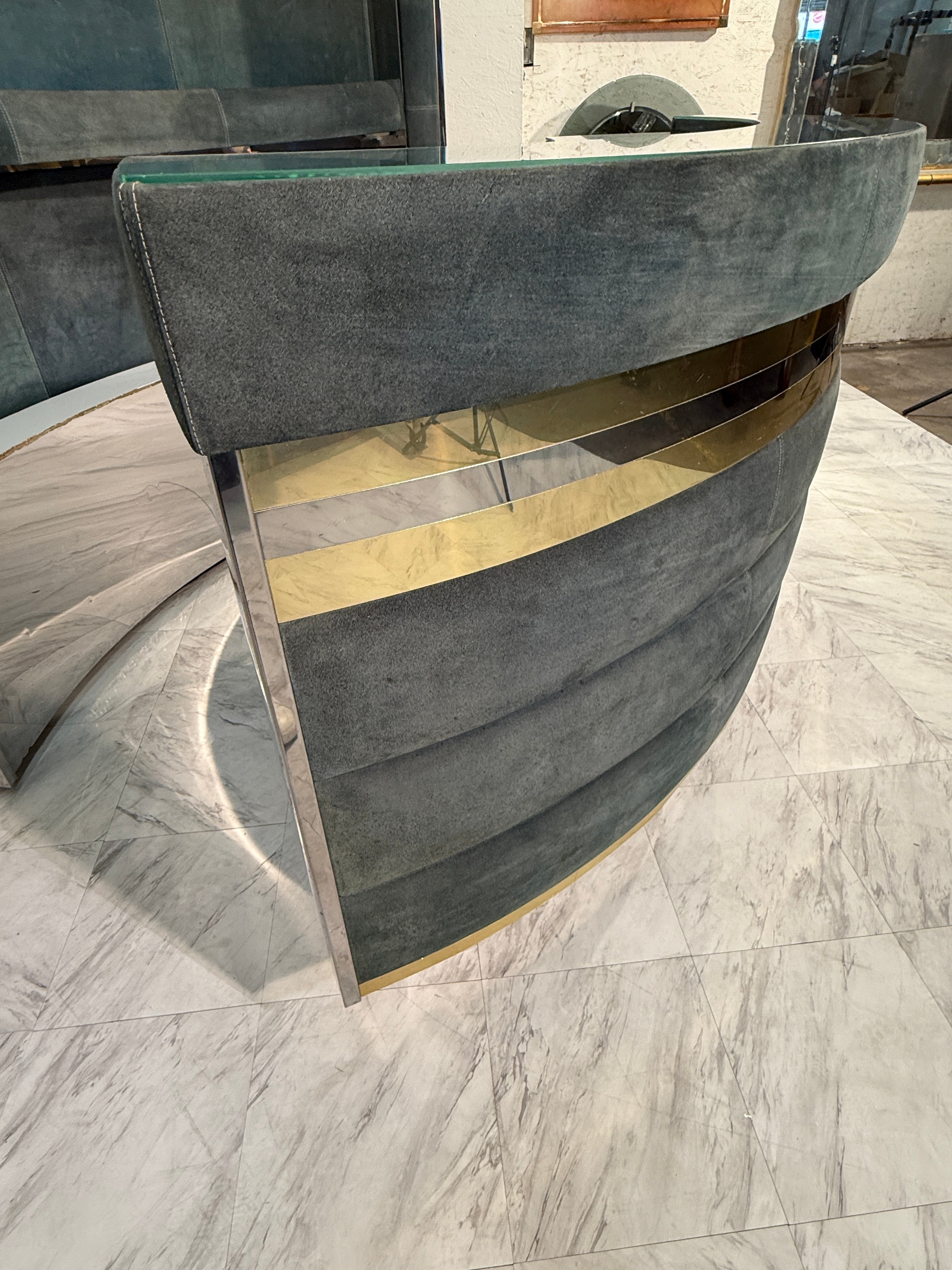 Mid-Century Modern Willy Rizzo Attributed Bar Cabinet in Blue Suede, Brass & Chrome