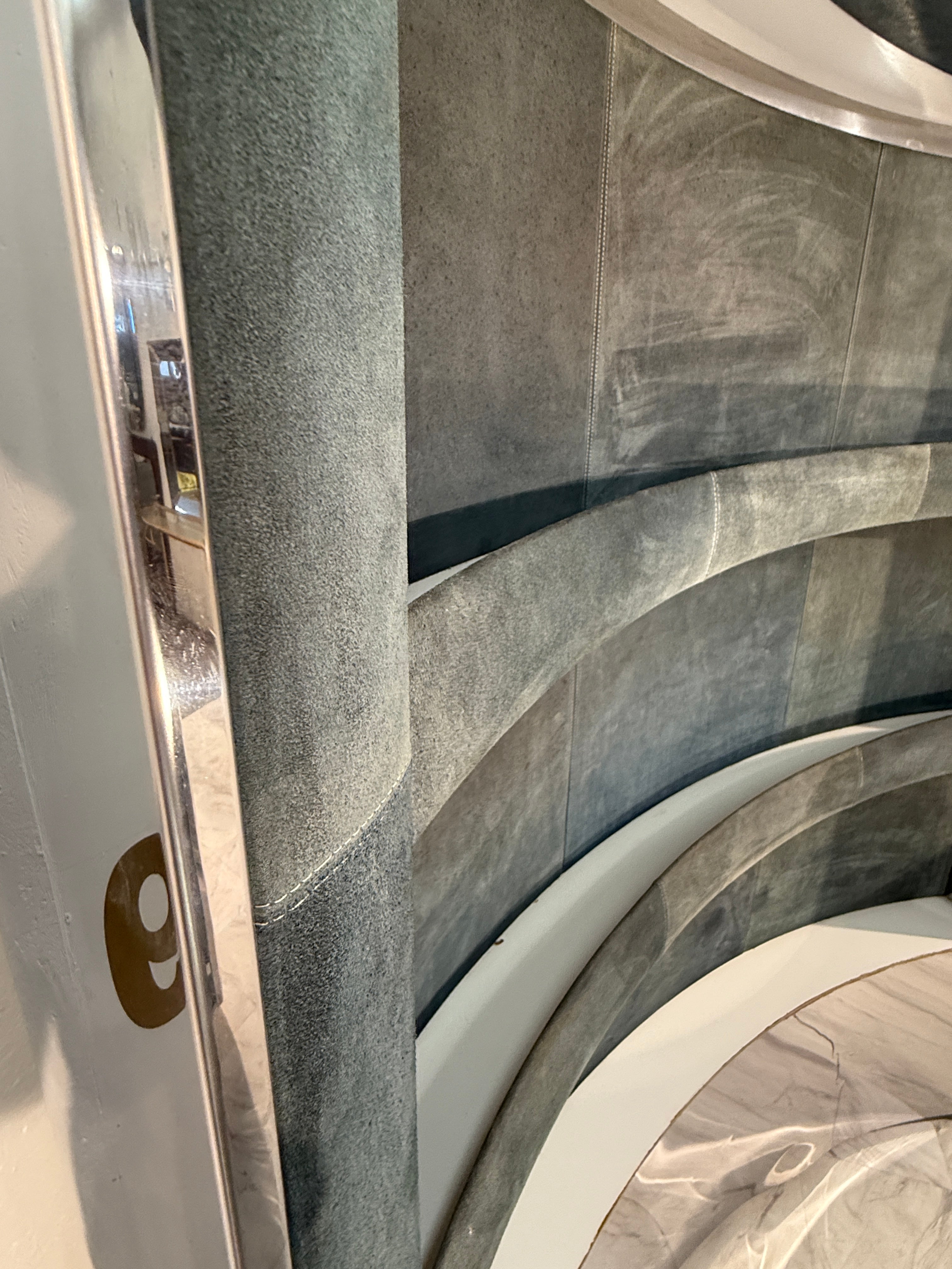 Mid-Century Modern Willy Rizzo Attributed Bar Cabinet in Blue Suede, Brass & Chrome