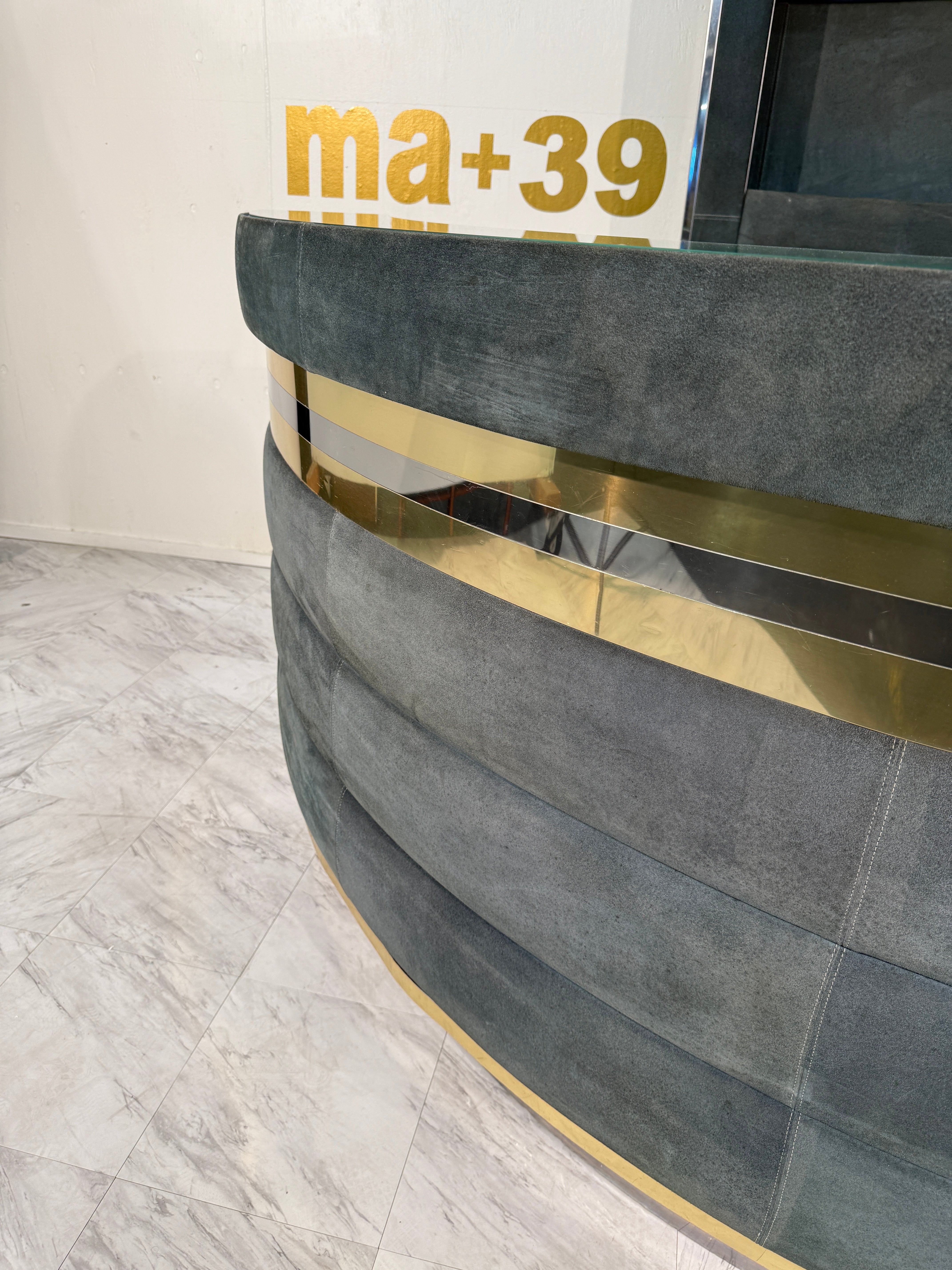 Mid-Century Modern Willy Rizzo Attributed Bar Cabinet in Blue Suede, Brass & Chrome