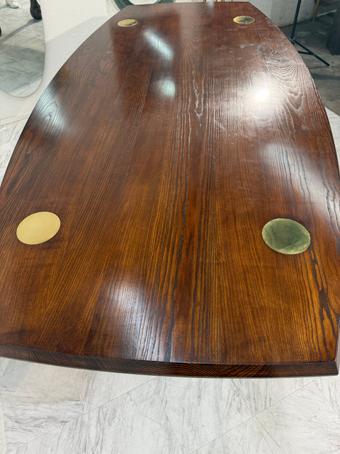 Italian Mid-Century Modern Dining Table in Stained Ash with Brass Inlays