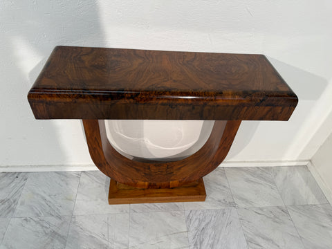 Set of 2 Art Deco Style Console Tables in Bookmatched Burl Wood