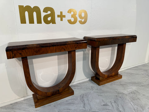 Set of 2 Art Deco Style Console Tables in Bookmatched Burl Wood