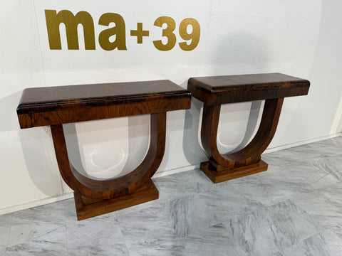 Set of 2 Art Deco Style Console Tables in Bookmatched Burl Wood