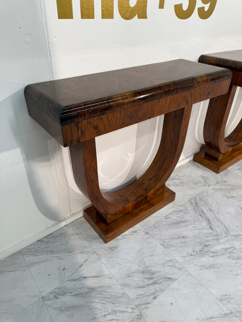 Set of 2 Art Deco Style Console Tables in Bookmatched Burl Wood