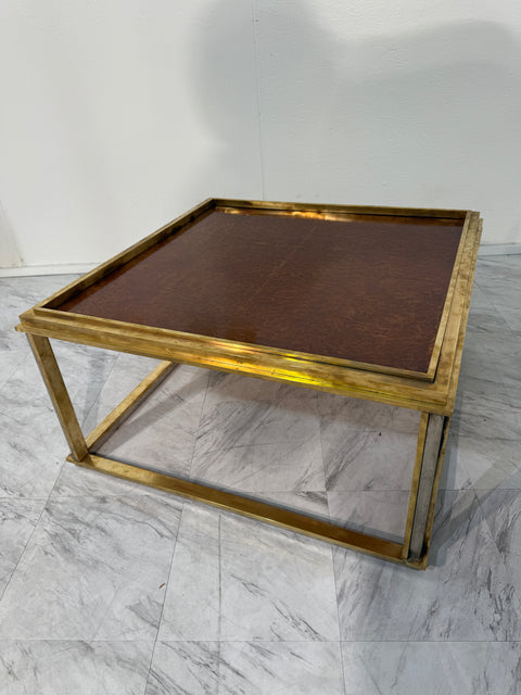 Romeo Rega Italian Brass and Burl Wood Coffee Table, 1970s