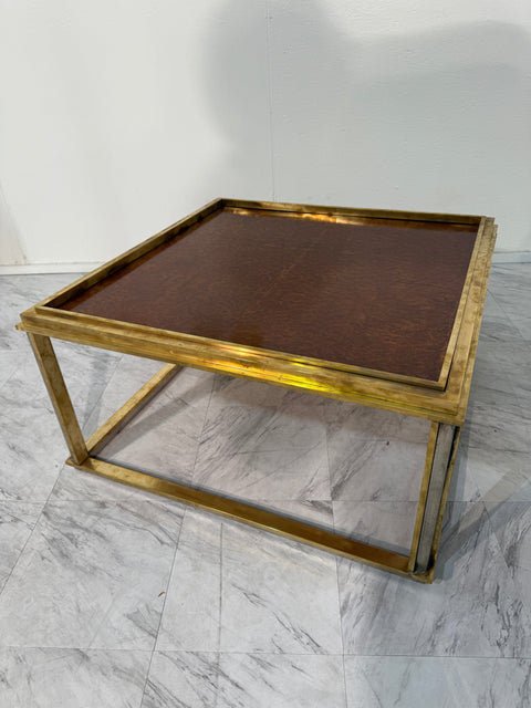 Romeo Rega Italian Brass and Burl Wood Coffee Table, 1970s