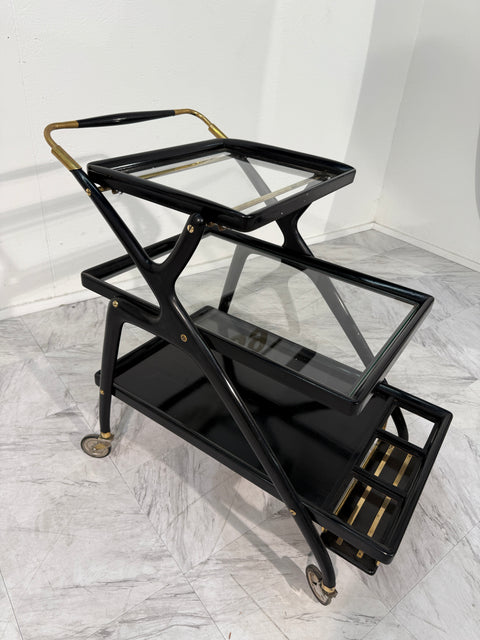 Mid-Century Italian Black Lacquer & Brass Bar Cart with Glass Trays