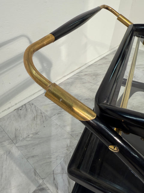 Mid-Century Italian Black Lacquer & Brass Bar Cart with Glass Trays