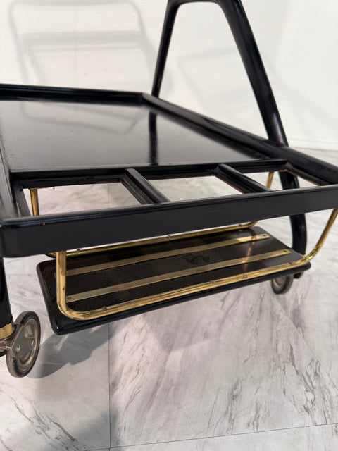 Mid-Century Italian Black Lacquer & Brass Bar Cart with Glass Trays