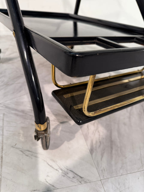 Mid-Century Italian Black Lacquer & Brass Bar Cart with Glass Trays