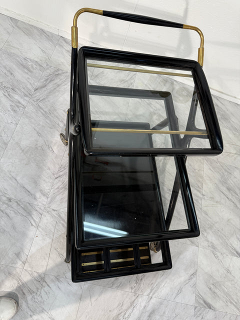 Mid-Century Italian Black Lacquer & Brass Bar Cart with Glass Trays