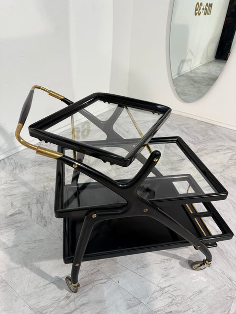 Mid-Century Italian Black Lacquer & Brass Bar Cart with Glass Trays
