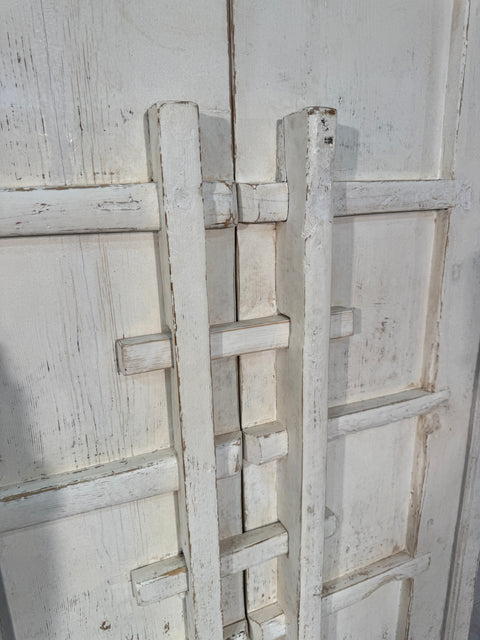 Set Of Rustic Whitewashed Wooden Armoire with Geometric Relief Doors