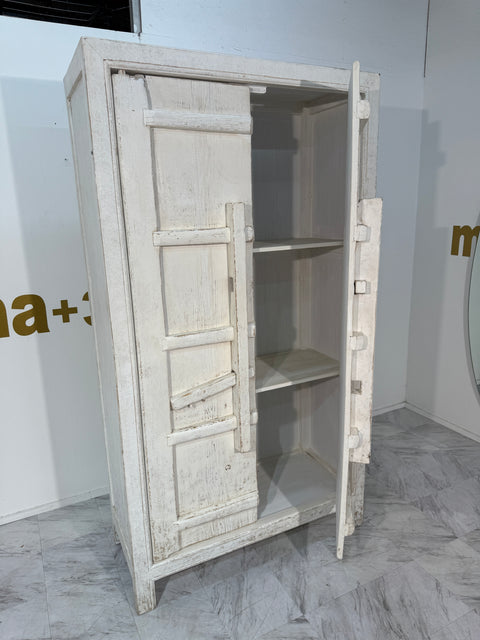 Set Of Rustic Whitewashed Wooden Armoire with Geometric Relief Doors