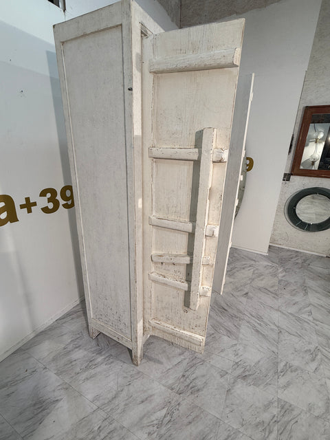Set Of Rustic Whitewashed Wooden Armoire with Geometric Relief Doors