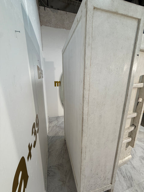 Set Of Rustic Whitewashed Wooden Armoire with Geometric Relief Doors