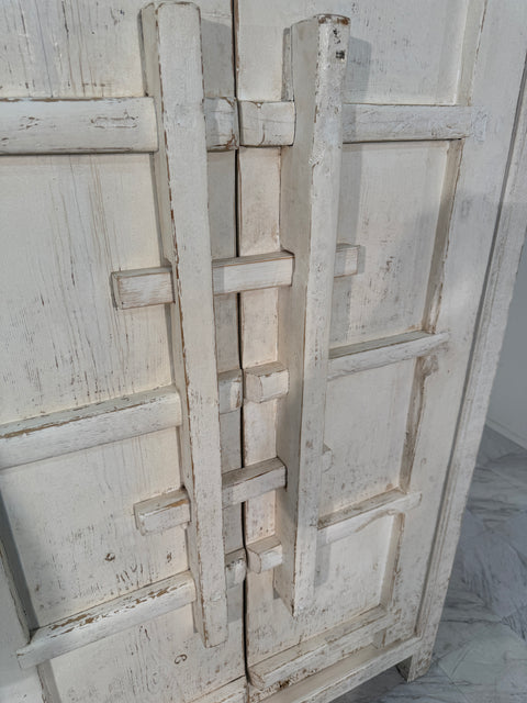 Set Of Rustic Whitewashed Wooden Armoire with Geometric Relief Doors
