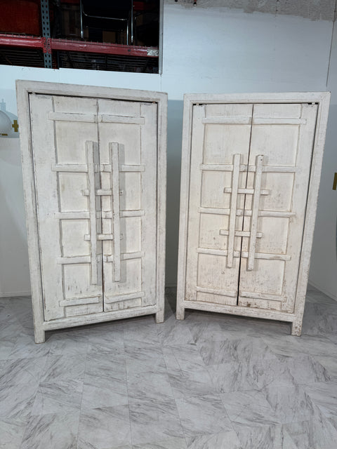 Set Of Rustic Whitewashed Wooden Armoire with Geometric Relief Doors
